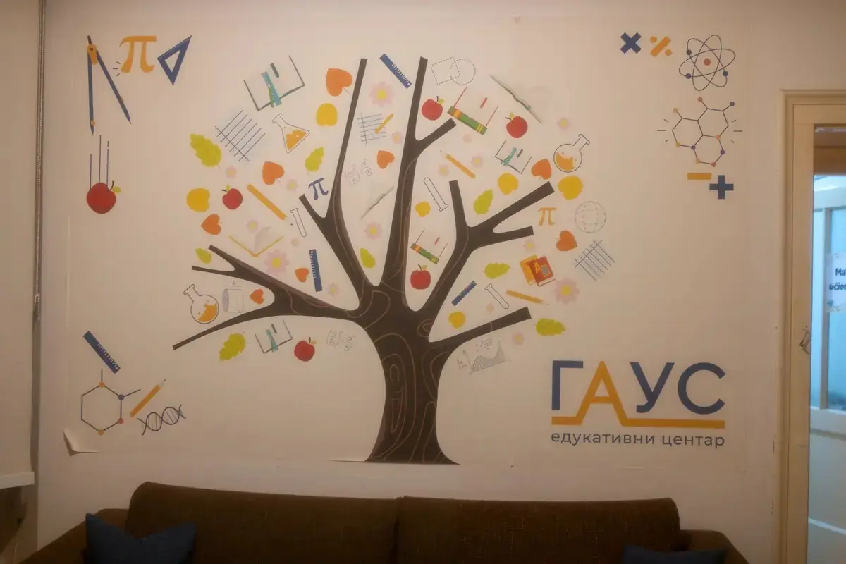 Drvo sa matematičkim i naučnim motivima na zidu GAUS-a.